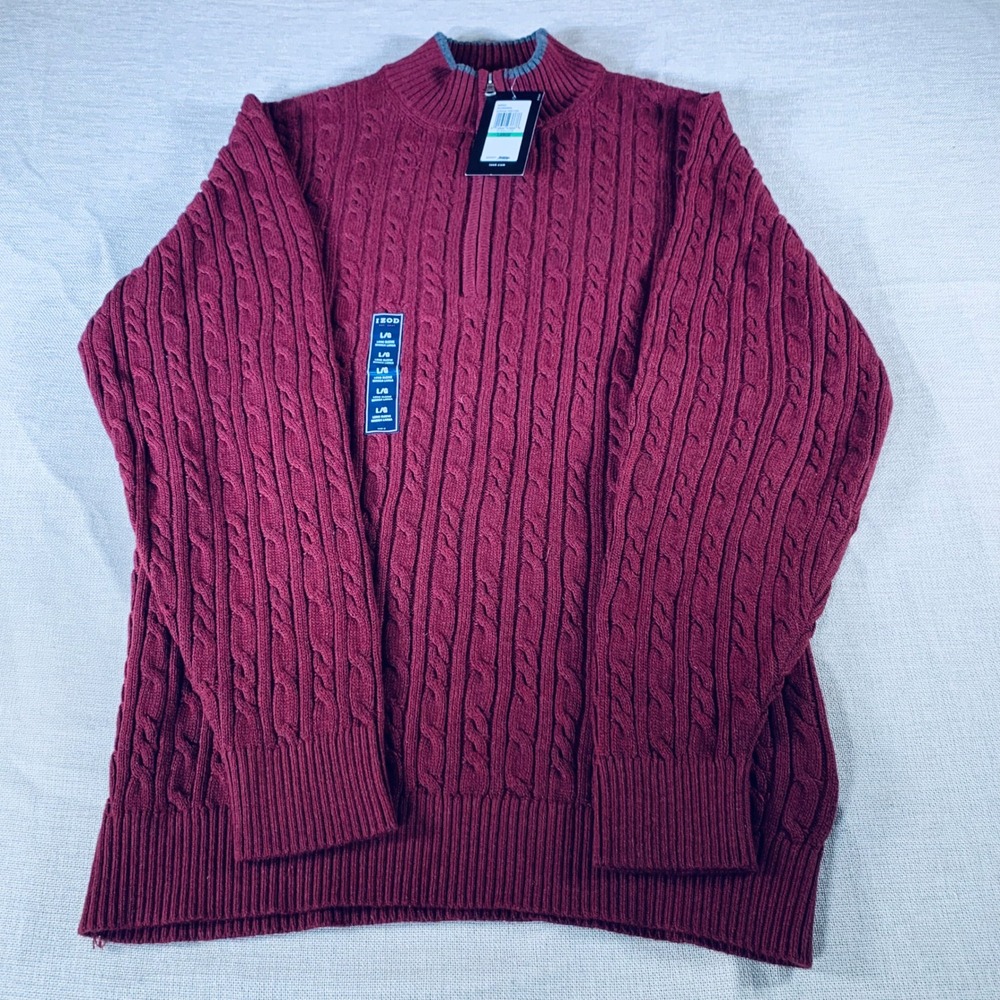 New‎ IZOD Mens Large L Durham Cable Knit 1/4 Zip Pullover Sweater Red HTHR